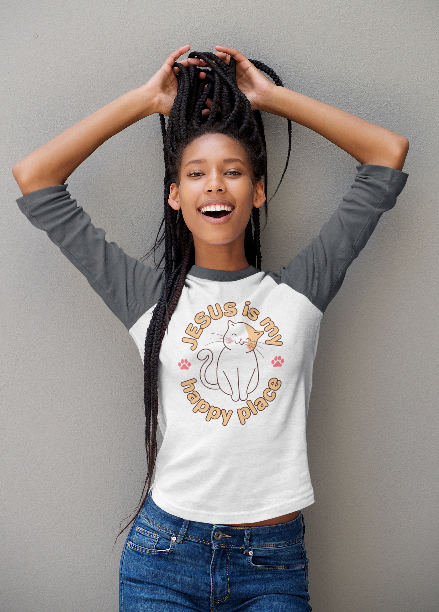 JESUS is My Happy Place Cat Retro Raglan Tee